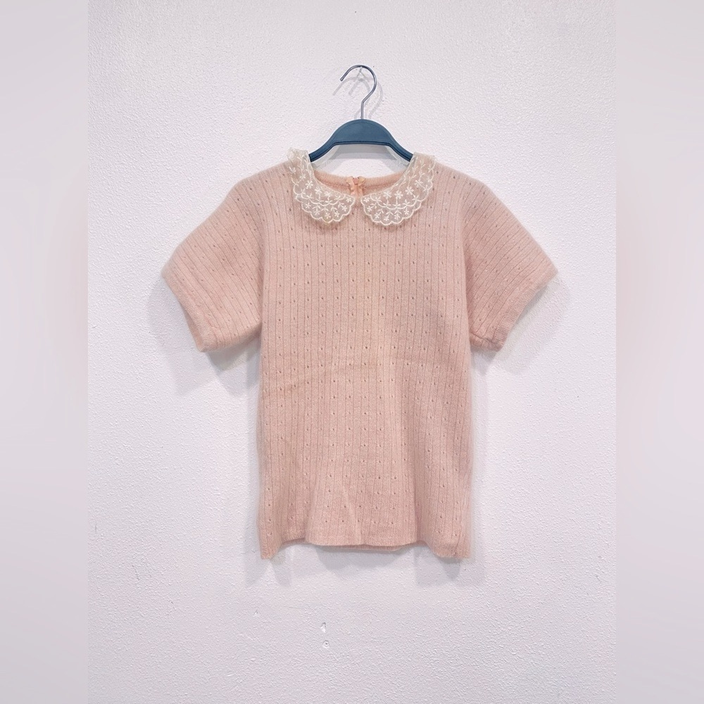 vintage short sleeve lambswool sweater with lace collar
